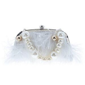 FEATHER PURSE ~ Pearl-Handle Accent White Feather Bag w/Silvertone Hardware